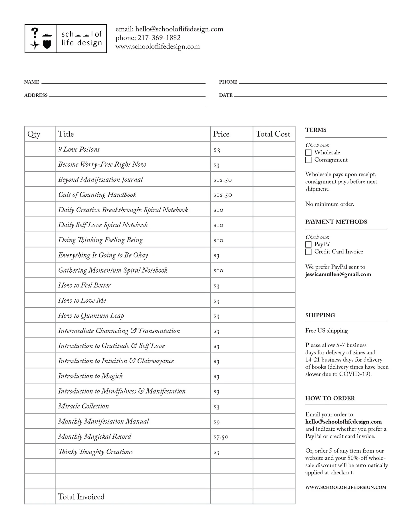School of Life Design Line Sheet Page 2
